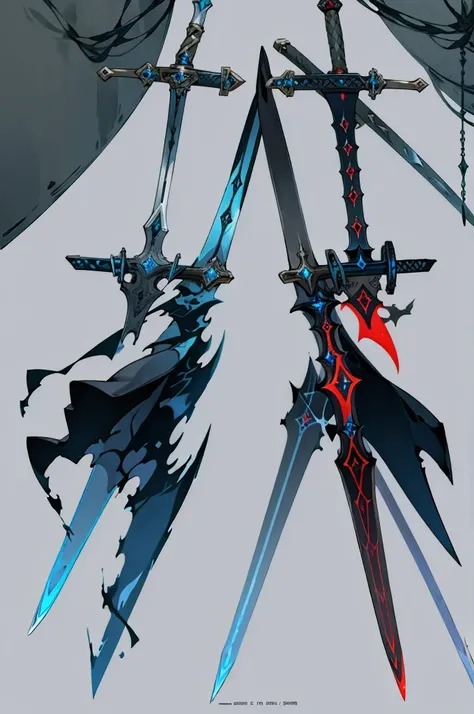 concept art of Two fantasy greatswords made out of ebony iron, the one on the right is thicker, the one on the left is has three red magic crystals, weapon anime sheet, several points of view, dark fantasy, evil great sword, weapons from granblue fantasy, ...