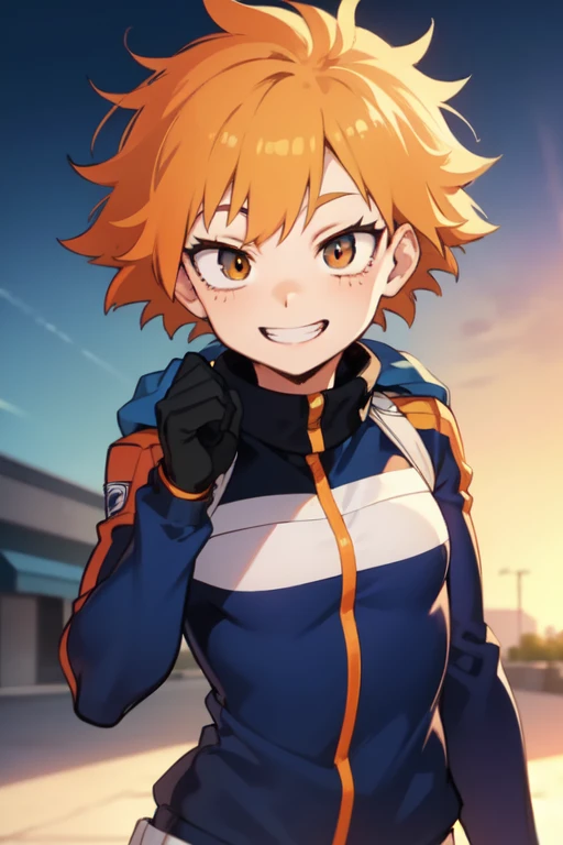 ((best qualityer)), ((work of art)), (detailded), (Kizi) (colourful hair, in blue and half orange) (short messy hair) (Caucasian skin) (boku no hero academia) (Tomboy style) (boku no hero academia) (fun smile) (My Heto Academia) (Todoroki Shot style hair, ...