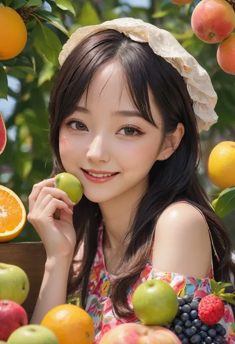 解剖学的に正Shii, Winner of numerous awards, High resolution, masterpiece, High detail, Textured skin, pretty girl、オレンジfruitsのコスプレ、Fruit dress、Juicy、Rui々Shii、fruits、たくさんのfruits、smile、Uplifting、Vibrant、Run、Wind、water、colorful