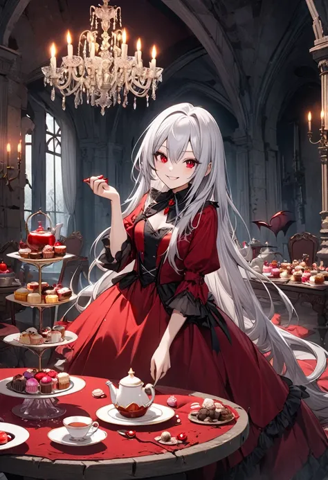 A beautiful vampire girl with long silver hair, red eyes and a red dress. A dinner party in an abandoned castle. A long table with a red tablecloth and a chandelier. On the table are many sweets and a teapot. An abandoned castle. A bewitching smile. A teac...