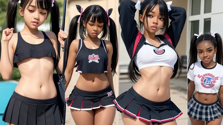 1 hot girl, dark skin, black eyes, ahegao, african, Twin tails, school girl, young teen, small breasts, navel, exposing clothes, cheerleader, hand behind head, tight body, big lips, skirt up, eyes closed