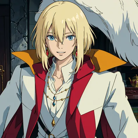 ghibli style, howl (howl no ugoku shiro), 1boy, bangs, blonde hair, blouse, blue eyes, coat, crystal earrings, earrings, hair between eyes, jewelry, long sleeves, looking at viewer, male focus, medium hair, necklace, parted lips, red coat, shirt, smile, so...