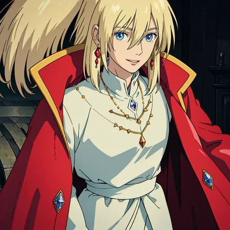 ghibli style, howl (howl no ugoku shiro), 1boy, bangs, blonde hair, blouse, blue eyes, coat, crystal earrings, earrings, hair between eyes, jewelry, long sleeves, looking at viewer, male focus, medium hair, necklace, parted lips, red coat, shirt, smile, so...