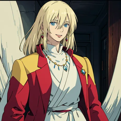 ghibli style, howl (howl no ugoku shiro), 1boy, bangs, blonde hair, blouse, blue eyes, coat, crystal earrings, earrings, hair between eyes, jewelry, long sleeves, looking at viewer, male focus, medium hair, necklace, parted lips, red coat, shirt, smile, so...