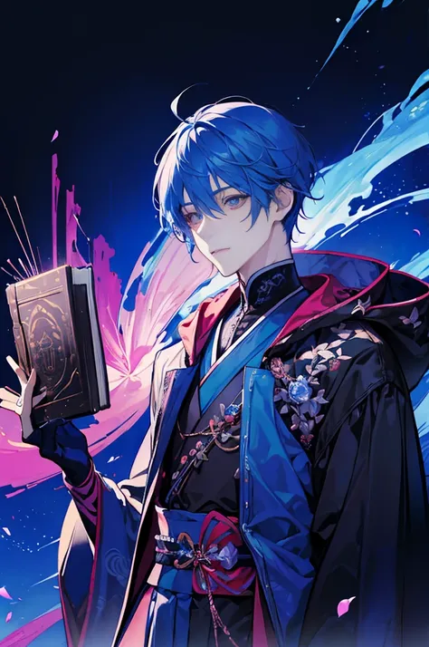 Sorcerer a pinkhightlightbluehair men, wearing a , fasion hair, fasion hair, slim body, hood, hakama, men, handsome face, tall 187cm, 21yearold, male, Secret,  magicbook, red eyes, villianface