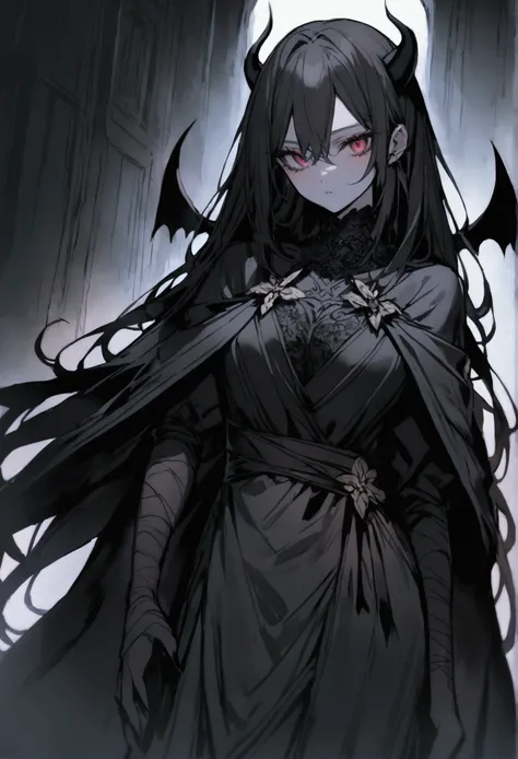 a female demon wrapped in a black cloak of darkness 