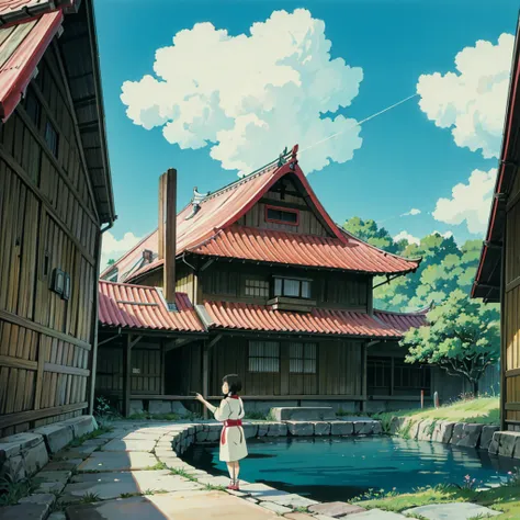 ghibli style, howl (Howl no Ugoku Shiro), Japanese rural houses, Real anime costume design, Spirited Away, Stretch. detailed, colorful, blue sky.