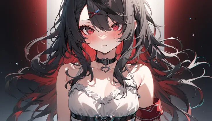 highest quality, intricate details, chromatic aberration, one girl, long hair, black hair, messy hair, red highlights, hair on o...