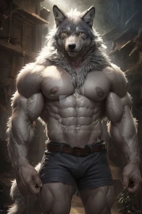 Master piece, furry gray wolf, muscular, (wolf tail)