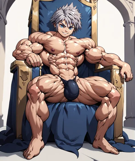  naked , big bulge , huge bulge , black thong ,alone, full body,smiling , muscular, huge muscle, big muscles, pectoral muscle , Boy , YOUNG  , YOUNG , riku , blue eyes, silver hair, pokkuti , sitting on a throne, royal throne, sitting , kingdom hearts