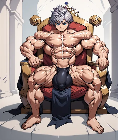  naked , big bulge , huge bulge , black thong ,alone, full body,smiling , muscular, huge muscle, big muscles, pectoral muscle , Boy , YOUNG  , YOUNG , riku , blue eyes, silver hair, pokkuti , sitting on a throne, royal throne, sitting , kingdom hearts