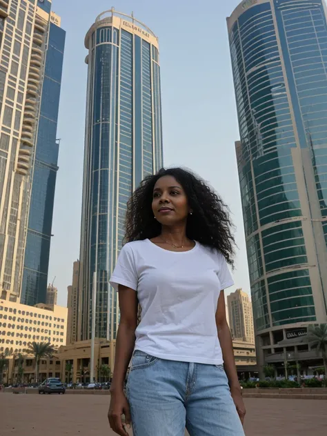 Zainab, 1girl, solo, ((Sudanese woman)), consistent face and body, ((MILF)), ((50 years old)), (mature), ((slim)), ((Sudanese face)), (Sudanese nose), (Sudanese lips), upper body and upper legs, (background: skyscrapers in Dubai), BREAK, (wearing stylish G...