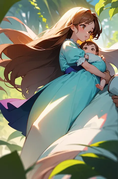 half body picture of a couple beneaf the vines staring romanticaly at each other, (girl with long white hair and big  wearing a baby blue summer dress), (athletic boy prince with brown hair), holding hands, gaussian blur garden background, colorful