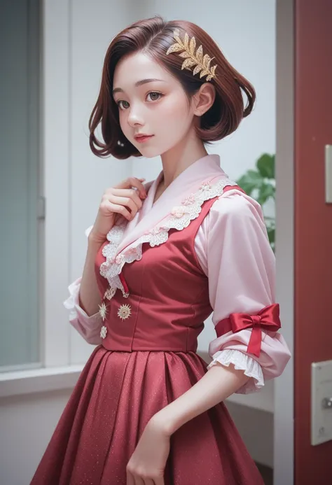 A beautiful woman, 32 years old, Red short hair, shimmering brown eyes, and , and a purple and pink blaser, skirt, and白色背景, Intricate details,