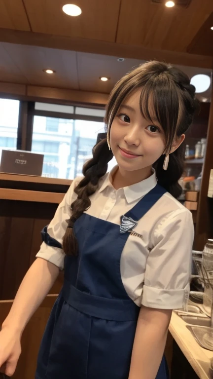 1 female, dimly lit waitress, ポーズ, かわいい, Pointed upwards, Long Hair, ポニーテール, big braided hair, Black Hair, Iris, from the front, indoor, Very nice and beautiful, Japanese, (riho yosioka), Nikon, dutch angle, masterpiece