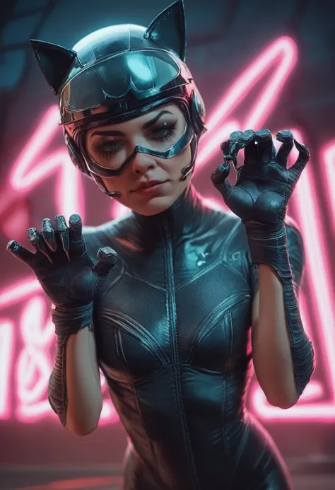 Image 16k, Great [Catwoman | Catwomen], black tight leather biker suit on the body, biker costume, biker gloves, (big breastes), (slim athletic body), futuristic (All closed cyber helmet) with big cat ears, faceoff, ciberpunk, lascivious, enticing, Tilting...