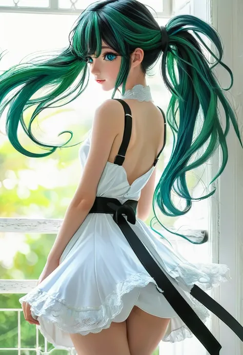 Innocence, Dark green hair, Double tail, Put your hands behind your back, White Dress, Black belt, A girl,blue eyes,