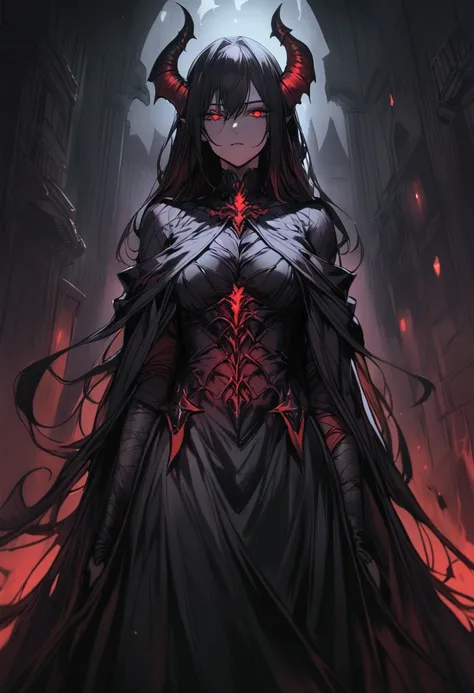 a female demon wrapped in a black cloak of darkness 