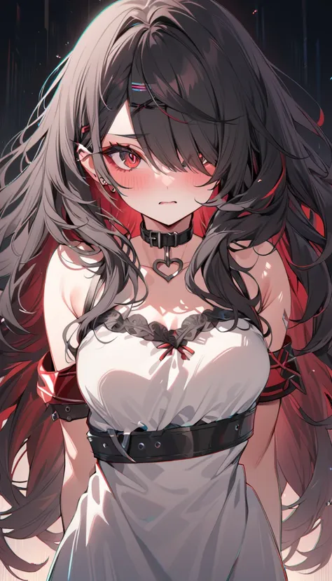 highest quality, intricate details, chromatic aberration, one girl, long hair, black hair, messy hair, red highlights, hair on o...