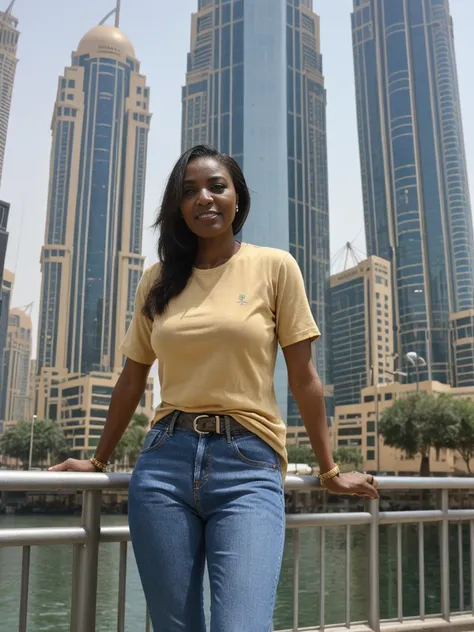 Zainab, 1girl, solo, ((Sudanese woman)), consistent face and body, ((MILF)), ((50 years old)), (mature), ((slim)), ((Sudanese face)), (Sudanese nose), (Sudanese lips), upper body and upper legs, (background: skyscrapers in Dubai), BREAK, (wearing stylish G...