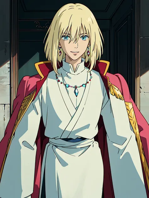 ghibli style, howl (howl no ugoku shiro), 1boy, bangs, blonde hair, blouse, blue eyes, coat, crystal earrings, earrings, hair between eyes, jewelry, long sleeves, looking at viewer, male focus, medium hair, necklace, parted lips, red coat, shirt, smile, so...