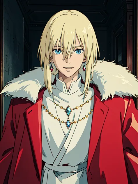 ghibli style, howl (howl no ugoku shiro), 1boy, bangs, blonde hair, blouse, blue eyes, coat, crystal earrings, earrings, hair between eyes, jewelry, long sleeves, looking at viewer, male focus, medium hair, necklace, parted lips, red coat, shirt, smile, so...