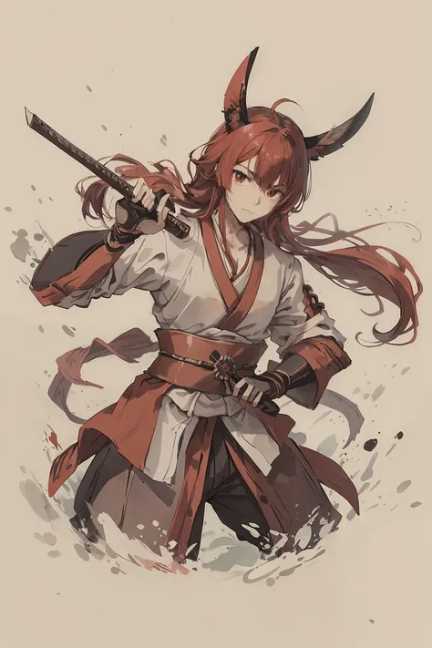 Rogue, a red haired men, wearing a red samurai armor, medium hair, fasion hair, samurai armor, slim body, shirt ornament, hakama, men, handsome face, tall 187cm, 25yearold, samurai