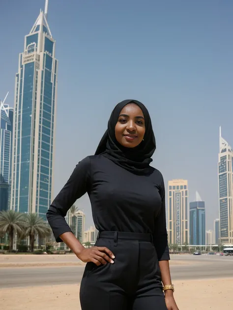 Zainab, 1girl, solo, ((Sudanese woman)), consistent face and body, ((MILF)), ((50 years old)), (mature), ((slim)), ((Sudanese face)), (Sudanese nose), (Sudanese lips), upper body and upper legs, (background: skyscrapers in Dubai), BREAK, (wearing stylish b...