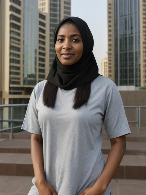 Zainab, 1girl, solo, ((Sudanese woman)), consistent face and body, ((MILF)), ((50 years old)), (mature), ((slim)), ((Sudanese face)), (Sudanese nose), (Sudanese lips), upper body and upper legs, (background: skyscrapers in Dubai), BREAK, (wearing stylish b...