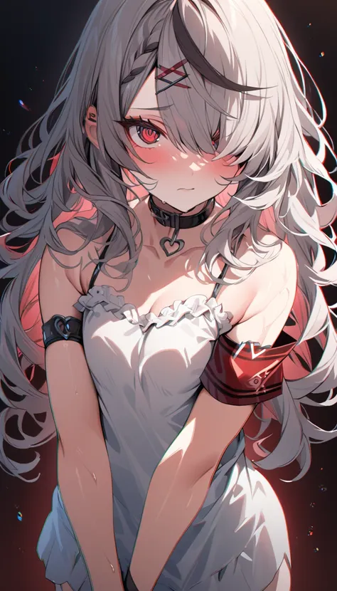 highest quality, intricate details, chromatic aberration, one girl, long hair, , messy hair, red highlights, hair on one eye, re...