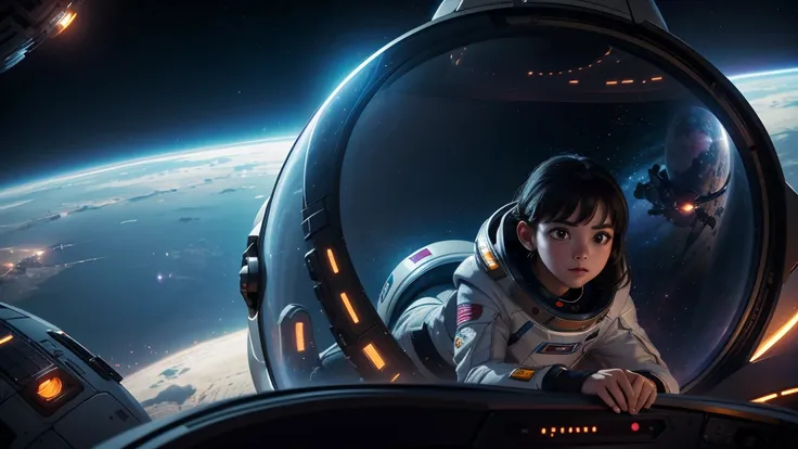 a teenage girl wearing futuristic space suits, inside a space capsule in space, in the background of the image a burning planet,...