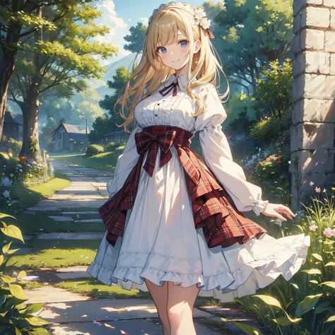 ((masterpiece)), ((Highest quality)), ((High resolution)), ((In detail))、Wearing the English national dress, the kilt、Anime style white woman、Blonde、smile、Happy expression、Daytime、Rural Scenery、cute、beautiful、Embarrassing cheeks、Tartan