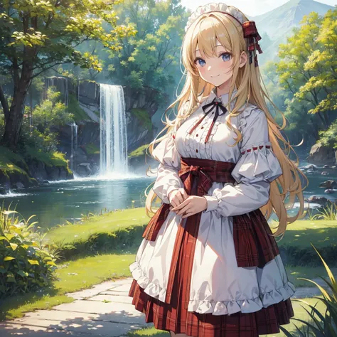 ((masterpiece)), ((Highest quality)), ((High resolution)), ((In detail))、Wearing the English national dress, the kilt、Anime style white woman、Blonde、smile、Happy expression、Daytime、Rural Scenery、cute、beautiful、Embarrassing cheeks、Tartan