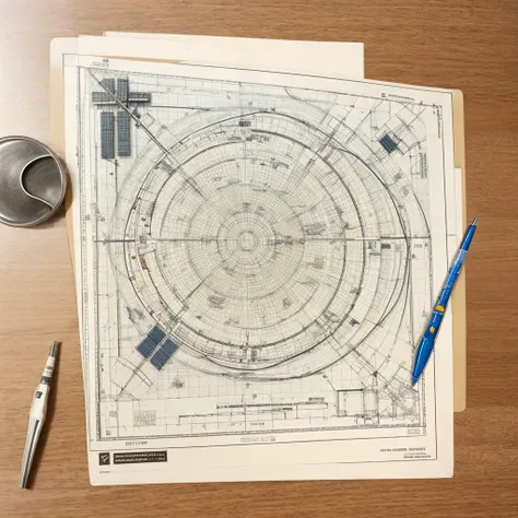 International space station blueprints on a light cream colored tabletop, top down view