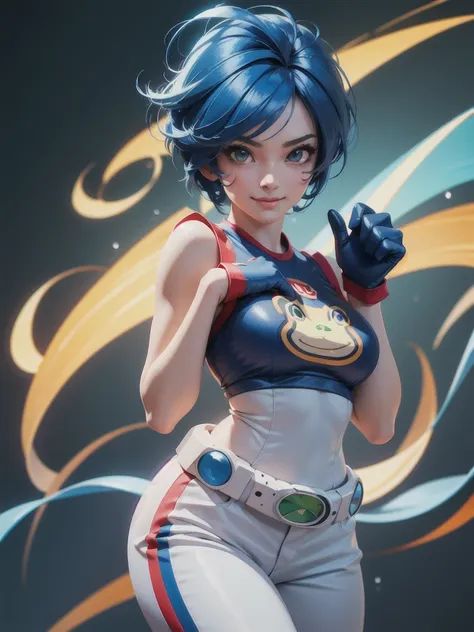 (at night), in a video game scene, a background of a beautiful city during the day raining, standing at attention, semi-short blue hair, a blue t-shirt on the chest, it has the face of a smiling frog type logo, a large belt on the chest. waist, blue finger...