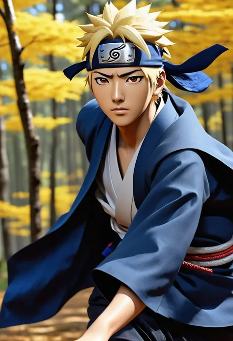 Minato Namikaze dressed in his traditional outfit, detailed facial features, expressive eyes and lips, calm and confident expression, spiky blonde hair, wearing his iconic Hokage cloak with the red swirl symbol, blue vest, and white shirt underneath, dark ...