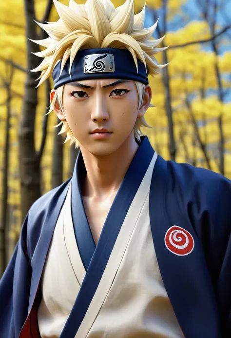 Minato Namikaze dressed in his traditional outfit, detailed facial features, expressive eyes and lips, calm and confident expression, spiky blonde hair, wearing his iconic Hokage cloak with the red swirl symbol, blue vest, and white shirt underneath, dark ...