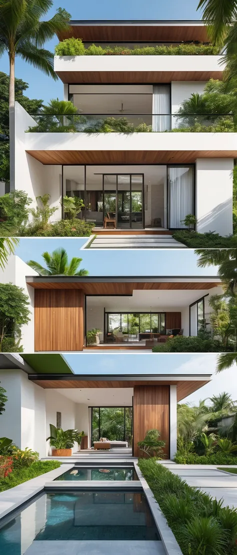 A hyper-realistic image of a modern house with a minimalist design, featuring a combination of wood and white materials. The house has a flat roof, large glass windows, and a balcony with a glass railing. The entrance is flanked by lush greenery and palm t...