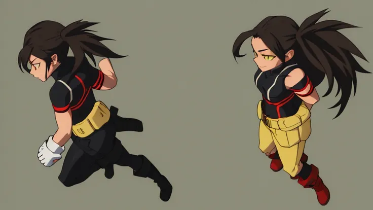 Woman character with dark skin, very long black hair with a ponytail, red eyes, black and gray hero costume, with black and gray thigh-high stockings, with a belt, black boots Small, Hugging a man with white skin, blonde hair back, yellow eyes, a yellow ja...