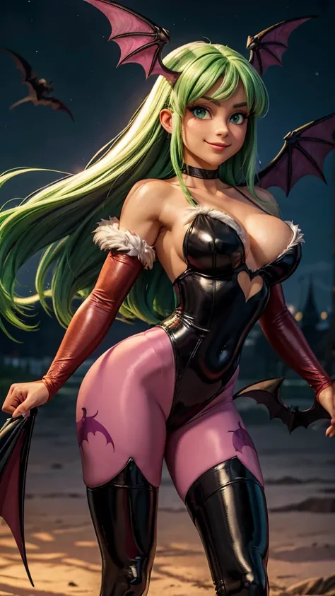 morrigan, cute smile, (Beautiful bright green eyes), (long green straight hair, bangss), (head wings), (black latex collant, bared shoulders, heart cutout on navel), neckleace, (bright pink pantyhose, Bat print), bat wings on the back, (bright pink bridal ...