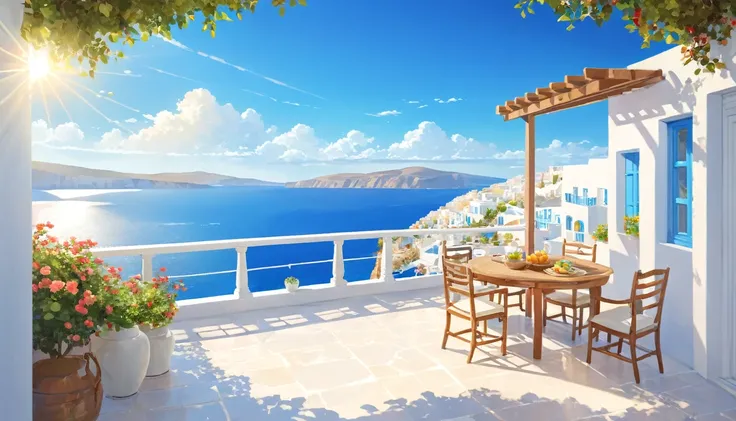 Landscape View,Greek seaside terrace，The sun shines brightly in the blue sky,Round white cloud