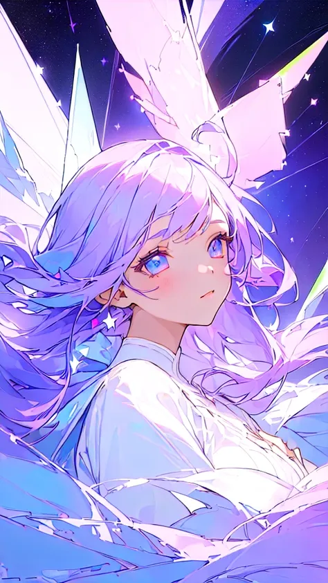 ((masterpiece,Best Quality)),(negative space:1.4),(1 girl, Alone:1.4),beautiful detailed eyes,pastel pink and lavender floating hair, lavender eyes, at night, starry sky, stars shining