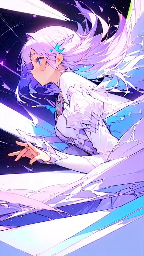 ((masterpiece,Best Quality)),(negative space:1.4),(1 girl, Alone:1.4),beautiful detailed eyes,pastel pink and lavender floating hair, lavender eyes, at night, starry sky, stars shining