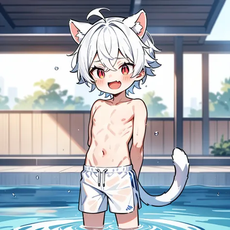 （masterpiece：1.2，high quality），4K，High resolution，A four-year-old boy，cute boy， white hair，short hair，crossed bangs，red eyes，slit pupils， ahoge，cat ears，laughing，skin fang，no sports top，Topless，white swimming trunks，Standing in the pool，primary school stud...