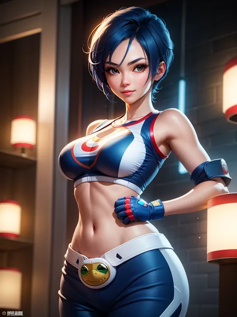 (at night), in a video game scene, a background of a beautiful city during the day raining, standing at attention, semi-short blue hair, a blue t-shirt on the chest, it has the face of a smiling frog type logo, a large belt on the chest. waist, blue finger...