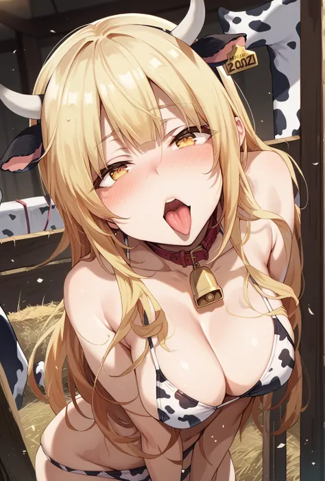 rose,blonde hair,yellow eyes,cow bikini,bell,cow ears,cow horns,collar,squinted eyes,blush,naughty face,tongue out,outdors
