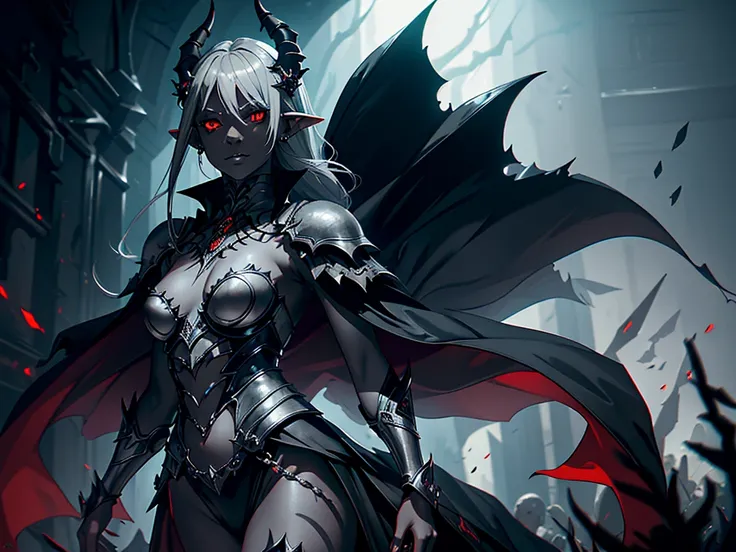 1girl, horror, dark elf princess, elden ring, (dark grey skin:1.5), true white long ponytail, ((perfect red eyes)), elf ears, earrings, highly detailed mechanical horns, (small breasts), ((black gothic prom dress)), wearing black fur cloak, bone armor, sku...