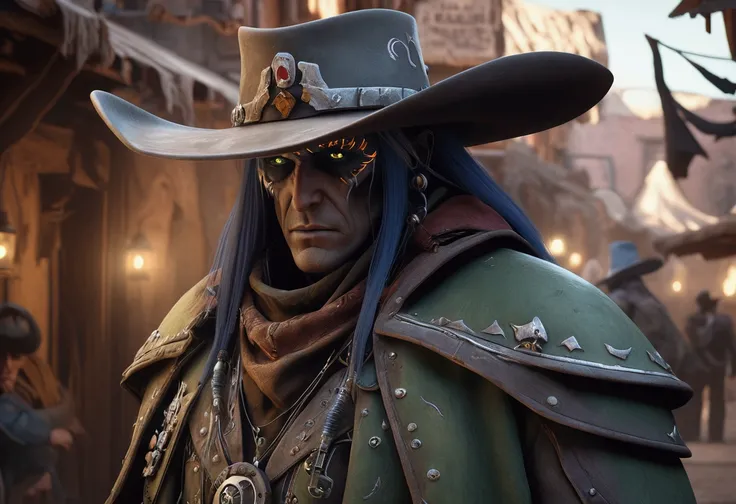 a cowboy in a Warhammer 40k universe, old west town, dead eldar witches, scared civilians in the shadows, cinematic dramatic lighting, ultradetailed, photorealistic, 8k, hyperrealistic, trending on artstation