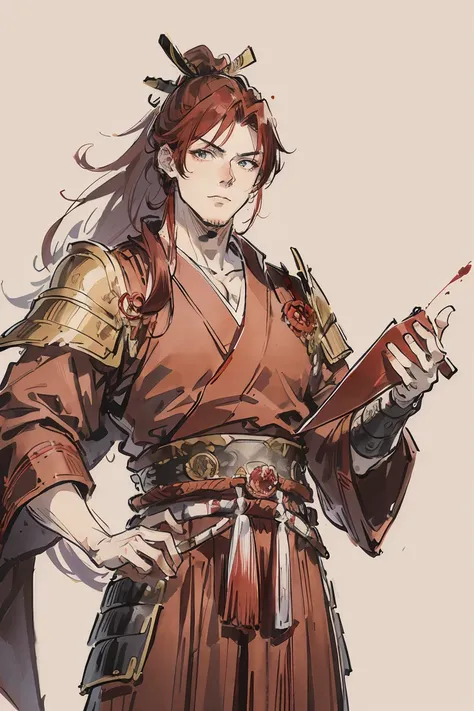 Rogue, a red haired men, wearing a red samurai armor, medium hair, fasion hair, samurai armor, slim body, shirt ornament, hakama, men, handsome face, tall 187cm, 25yearold, samurai