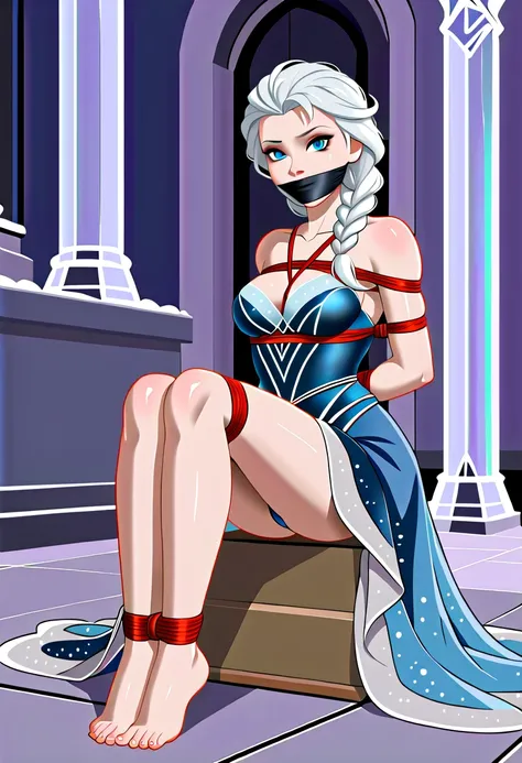 ((Full body photo, standing, on the floor)) Create a visually captivating photorealistic image of a model stylized like Elsa from Disneys "Frozen." The model has a (pale) e that . Her hair, styled into a braided hairstyle with neon highlights woven through...